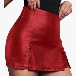 Sleek Red Faux leather split mini skort